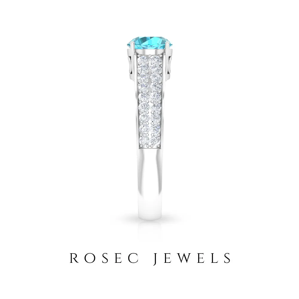 1.50 CT Swiss Blue Topaz Engagement Ring with Diamond Side Stones