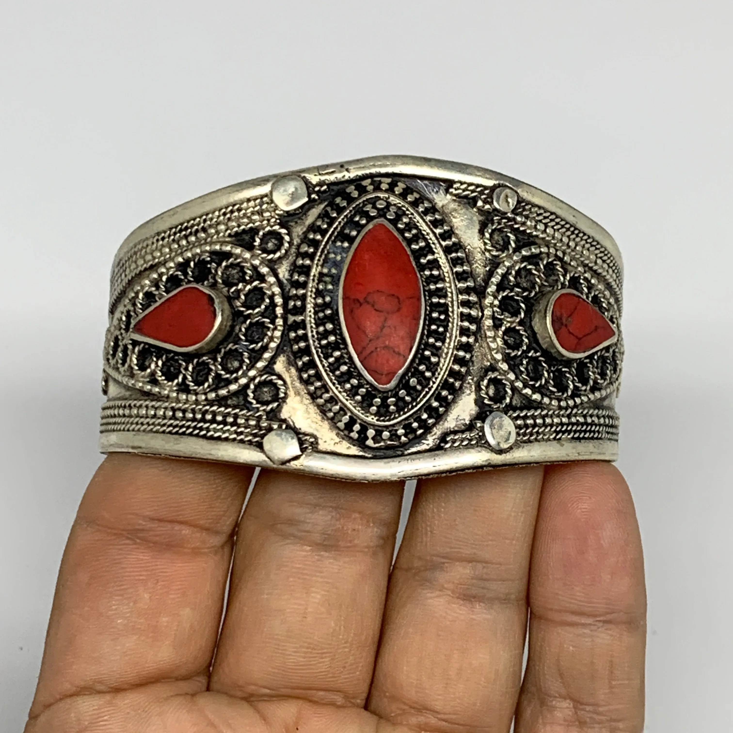 34.6g, 1.6" Turkmen Cuff Bracelet Tribal Small Marquise, Red Coral Inlay, B13499
