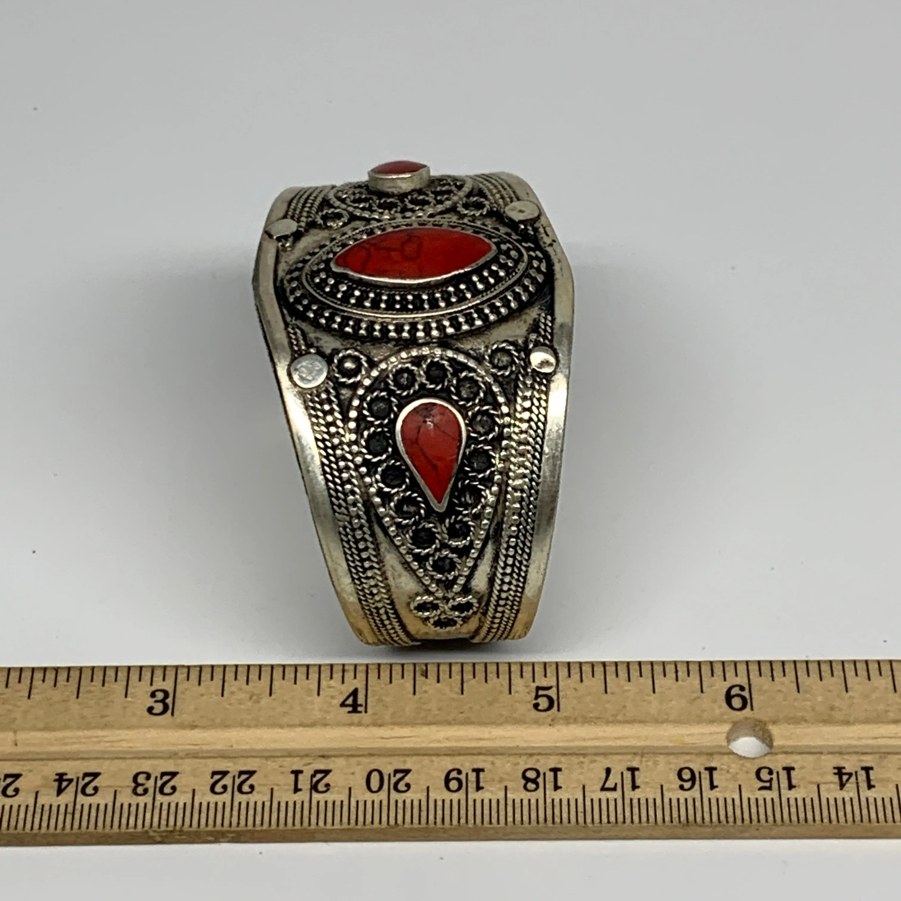 34.6g, 1.6" Turkmen Cuff Bracelet Tribal Small Marquise, Red Coral Inlay, B13499
