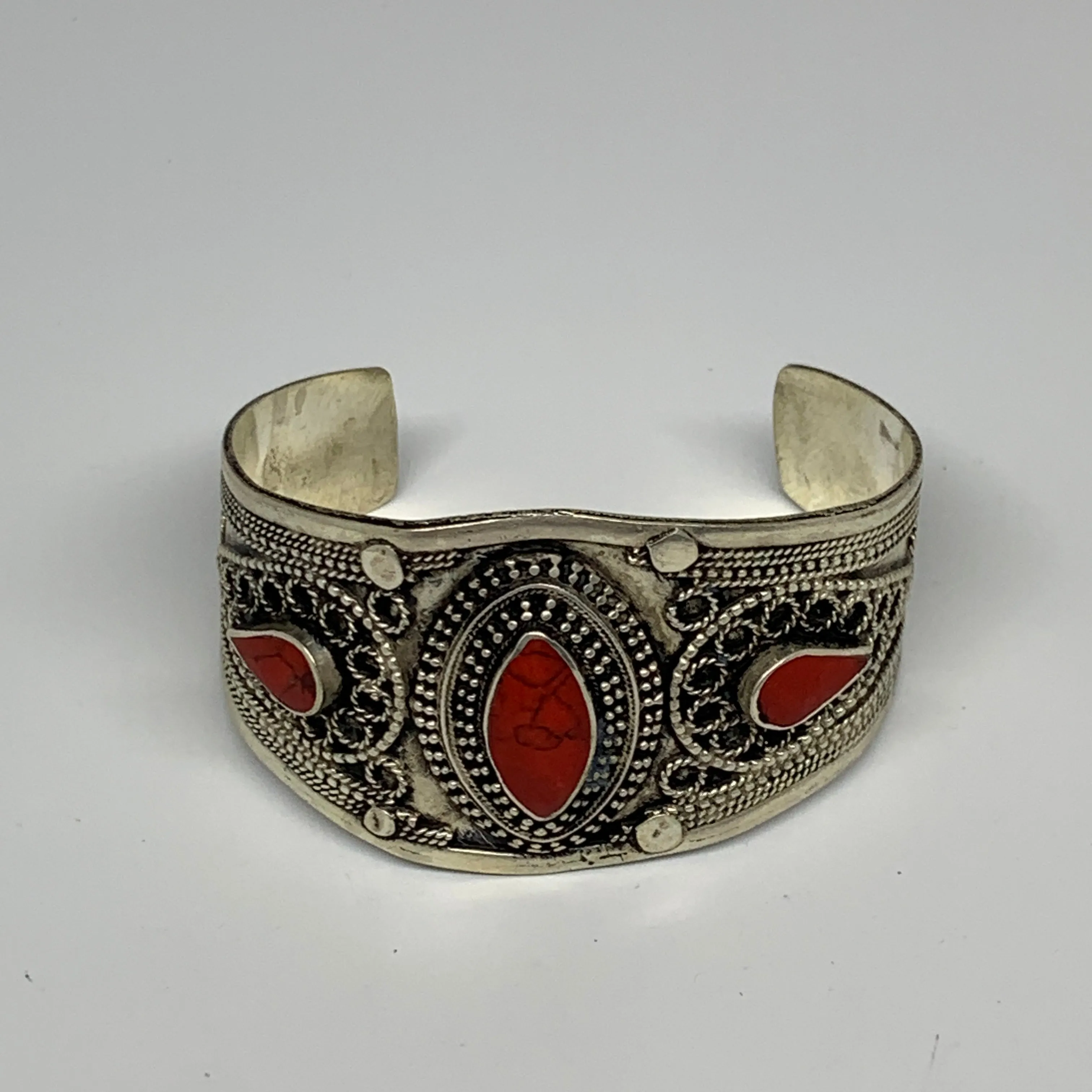 34.6g, 1.6" Turkmen Cuff Bracelet Tribal Small Marquise, Red Coral Inlay, B13499