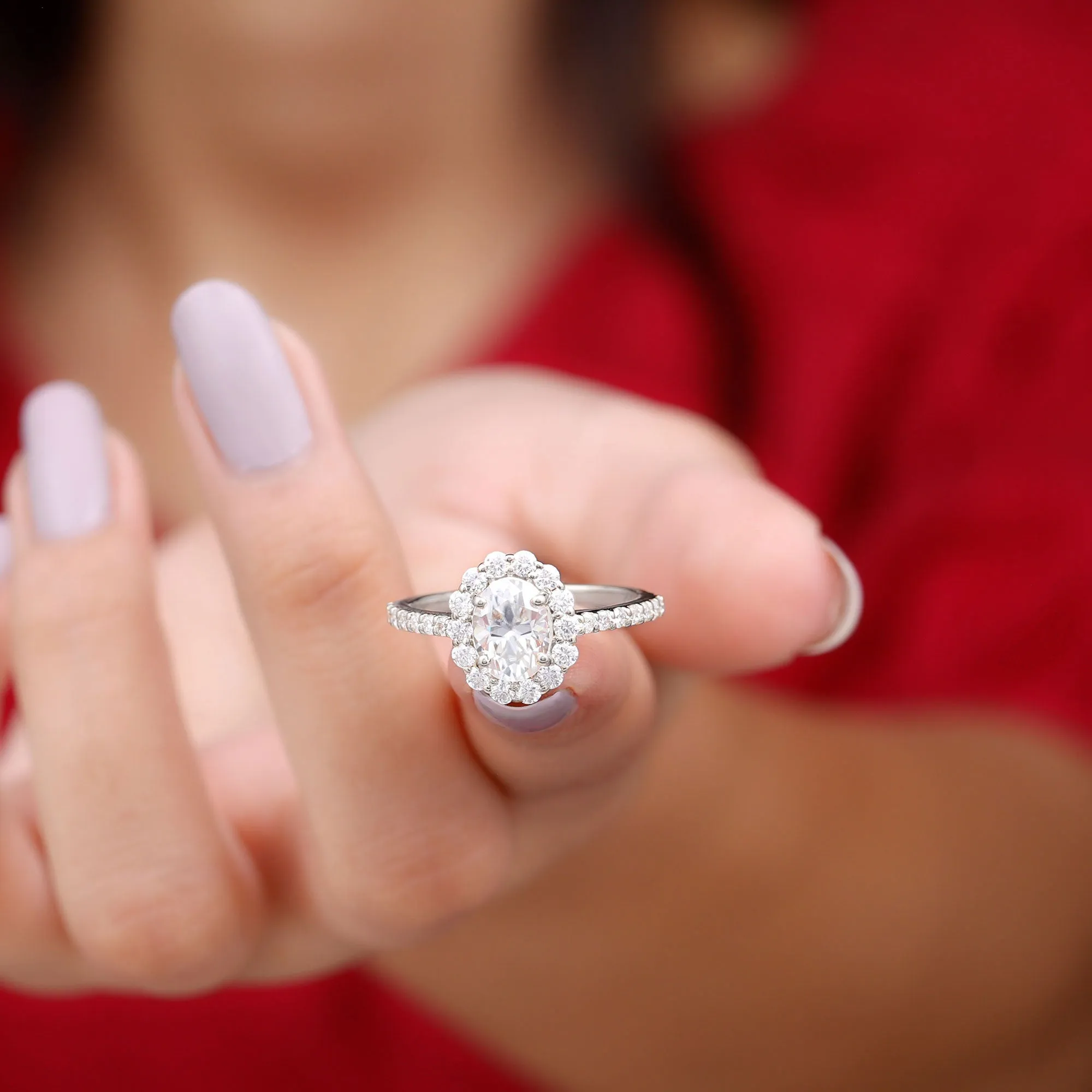 6X8 MM Oval Cut Moissanite Halo Engagement Ring