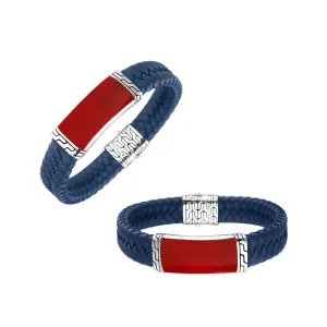 AB-1135-LT-BLUE-CR Sterling Silver Bracelet With Blue Leather & Coral