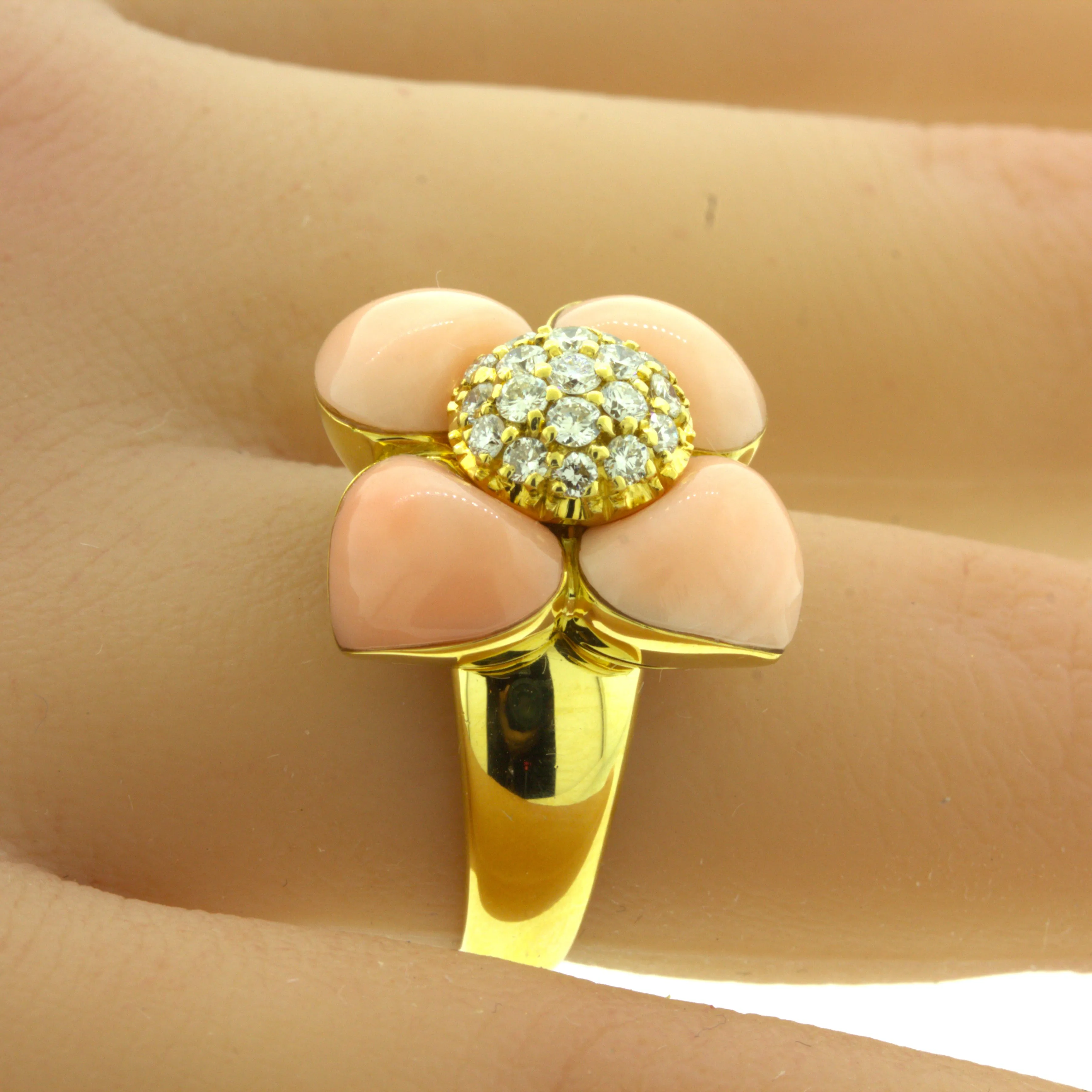 Angel-Skin Coral Diamond 18K Yellow Gold Flower Ring