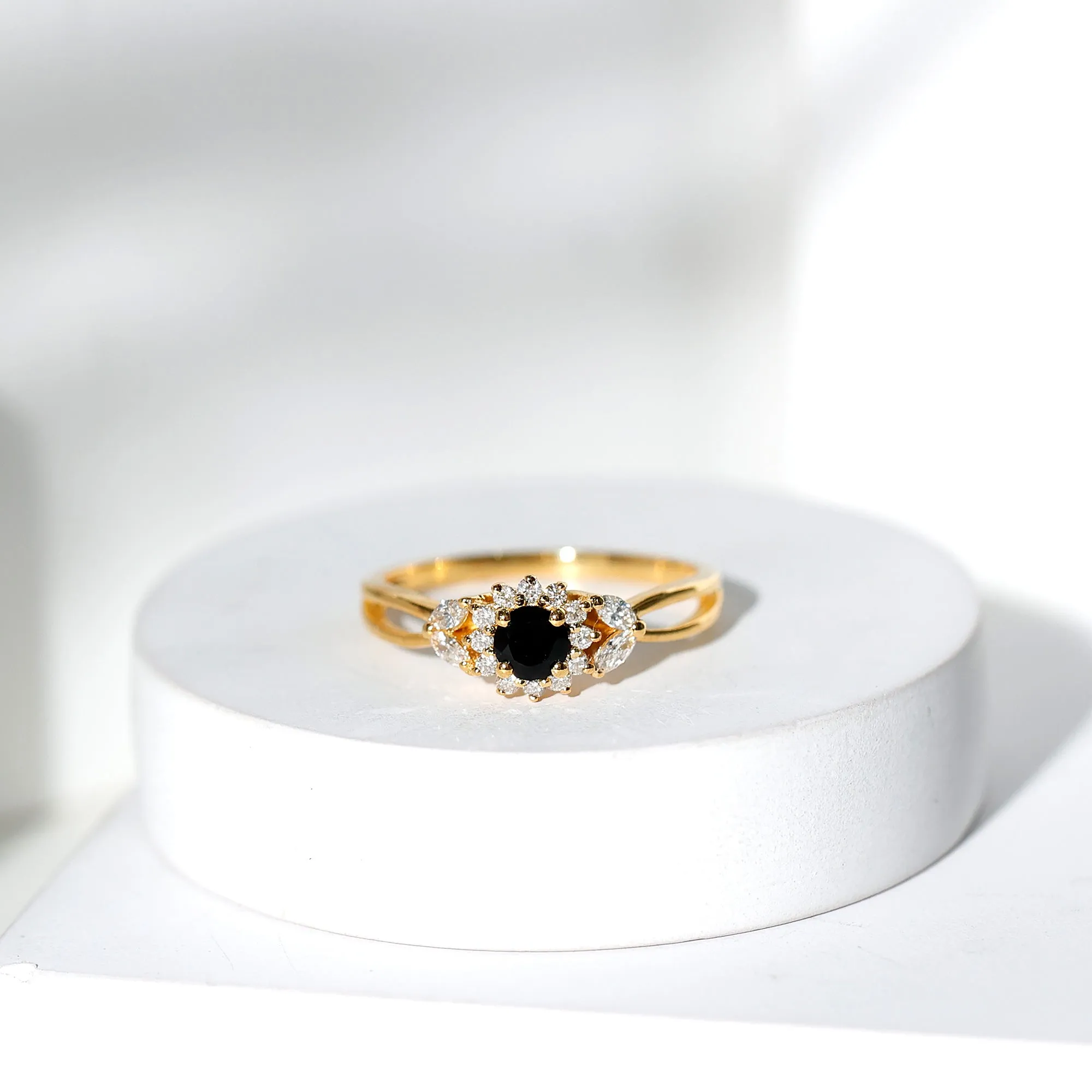 Black Onyx and Diamond Flower Engagement Ring with Split Shank
