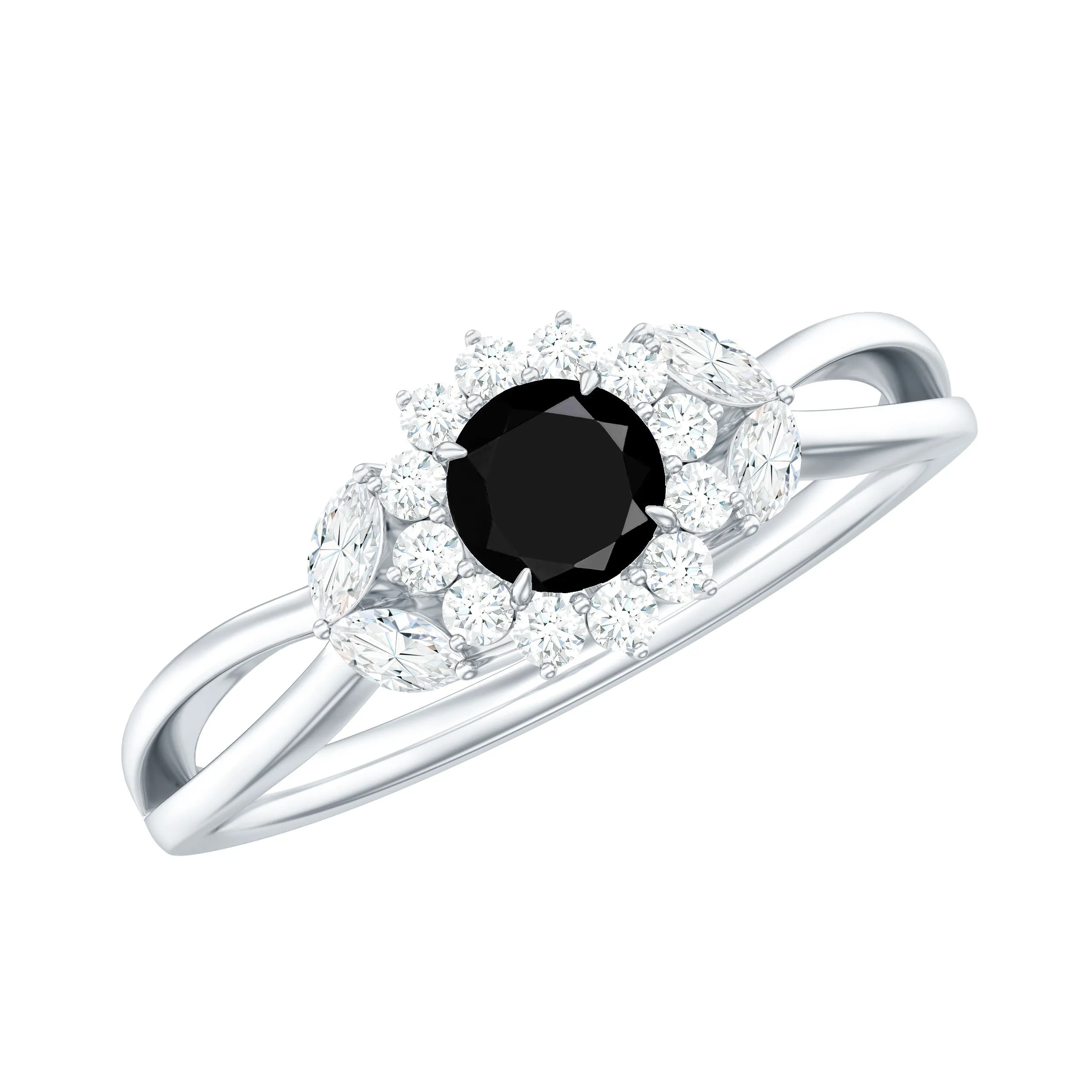 Black Onyx and Diamond Flower Engagement Ring with Split Shank