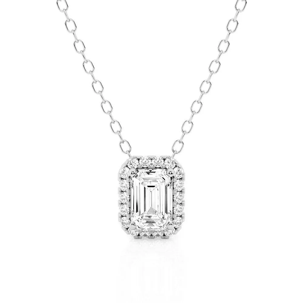 Emerald Cut Pavé Moissanite Halo Pendant Necklace