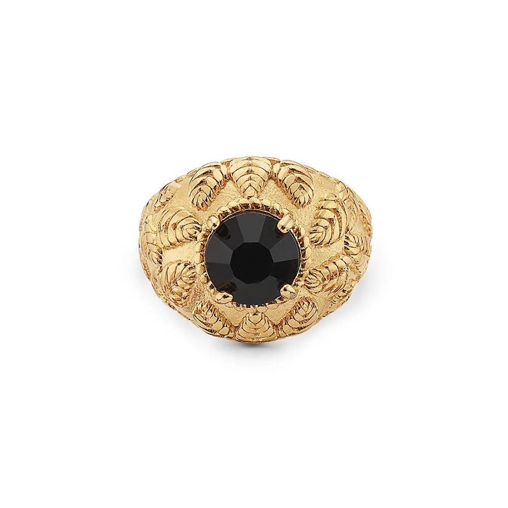 FLOWER GARDEN LEAVES BLACK STONE RING