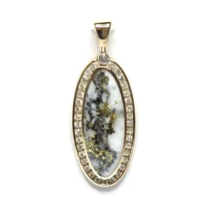 Gold Quartz Necklace .54ctw Halo Diamond Oval Inlaid Pendant