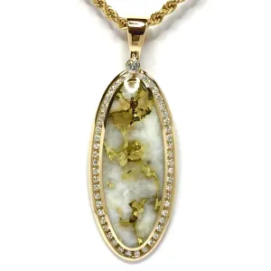 Gold Quartz Necklace .96ctw Halo Diamond Oval Inlaid Pendant