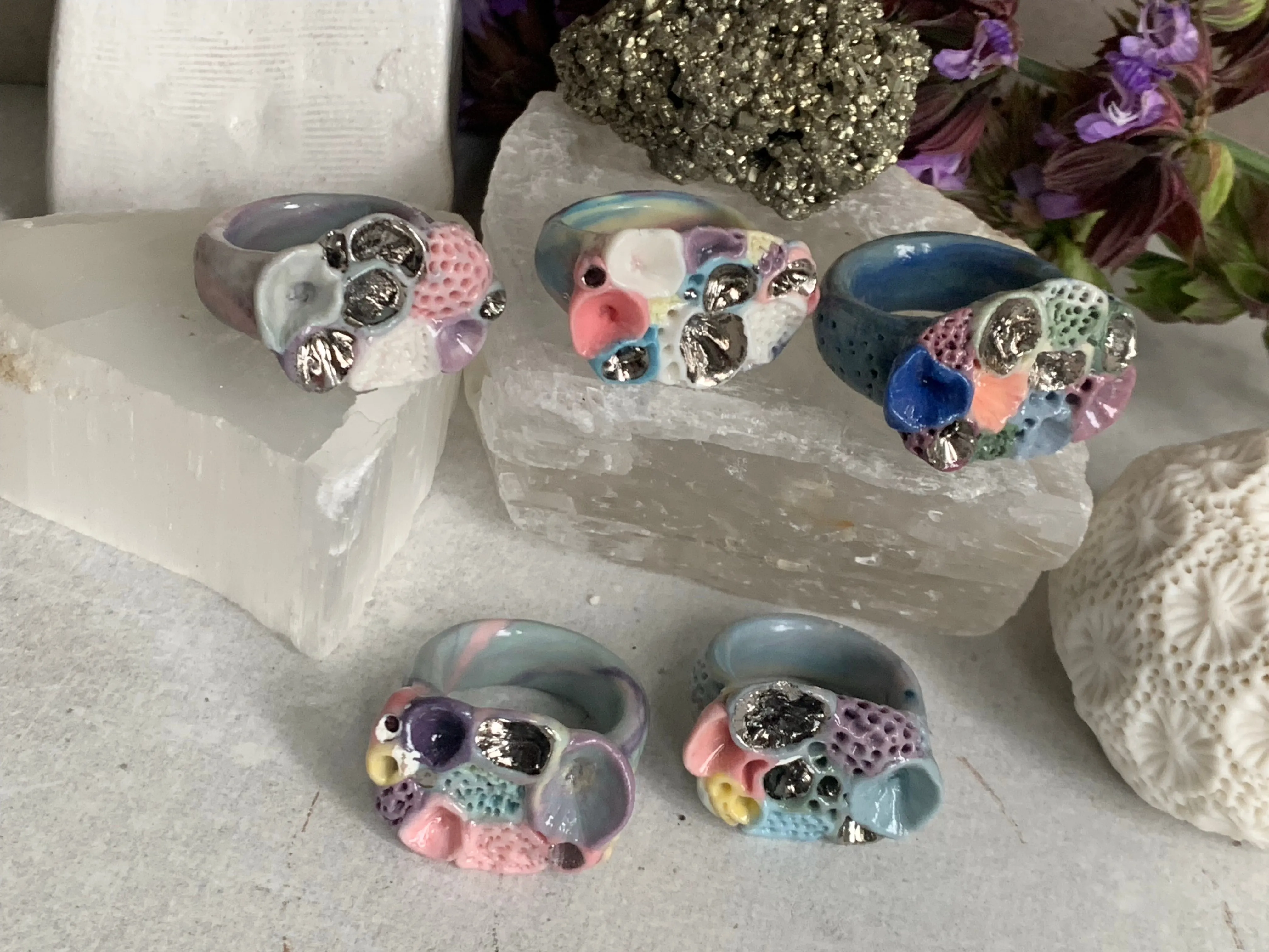 One silver lustre with Blue/ pink / purple  tones ‘rock coral’ porcelain ring