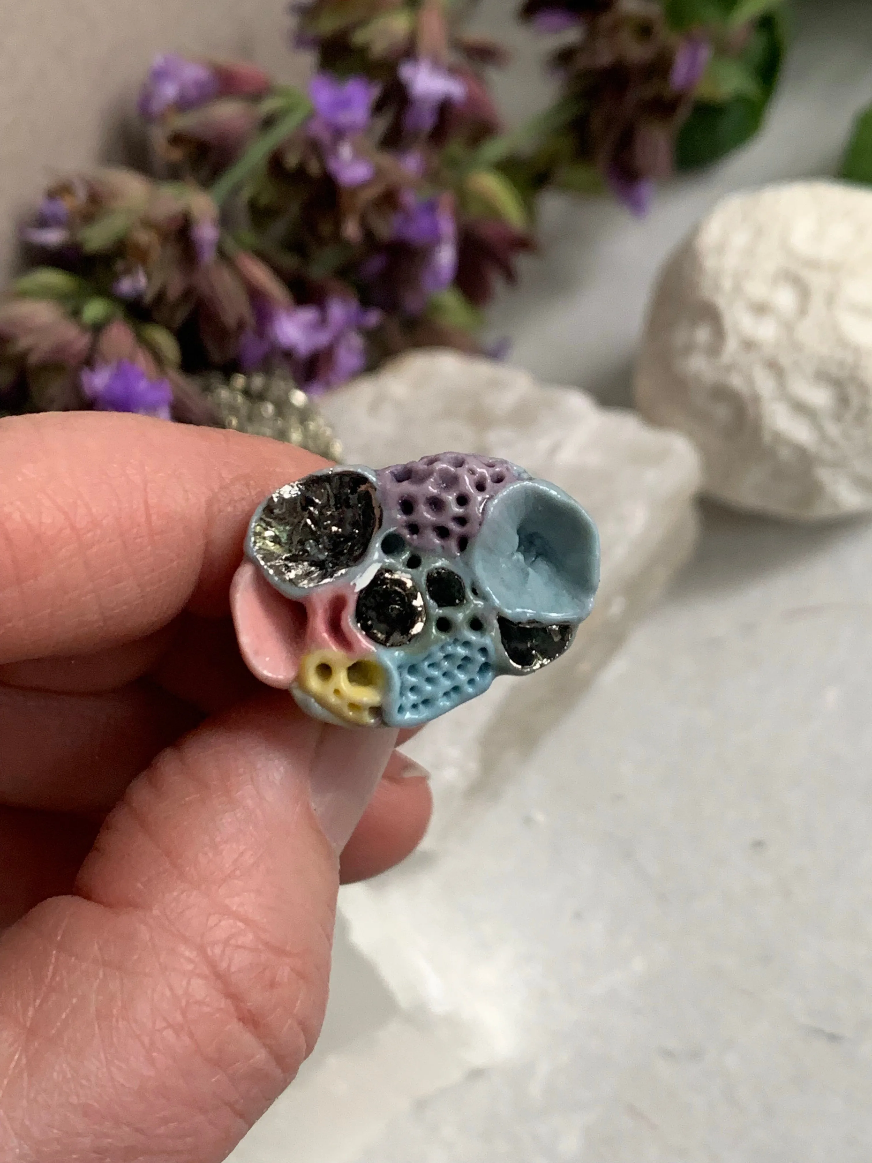 One silver lustre with Blue/ pink / purple  tones ‘rock coral’ porcelain ring