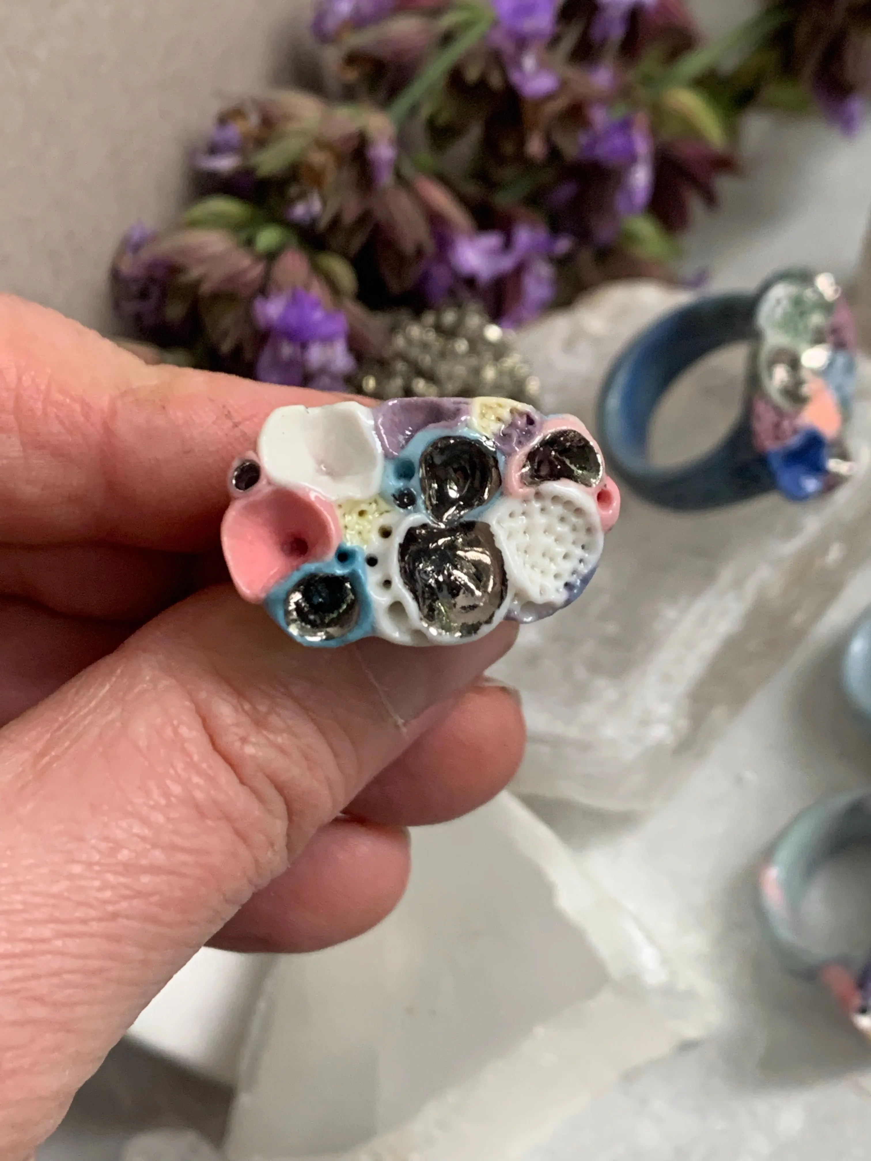 One silver lustre with Blue/ pink / purple  tones ‘rock coral’ porcelain ring