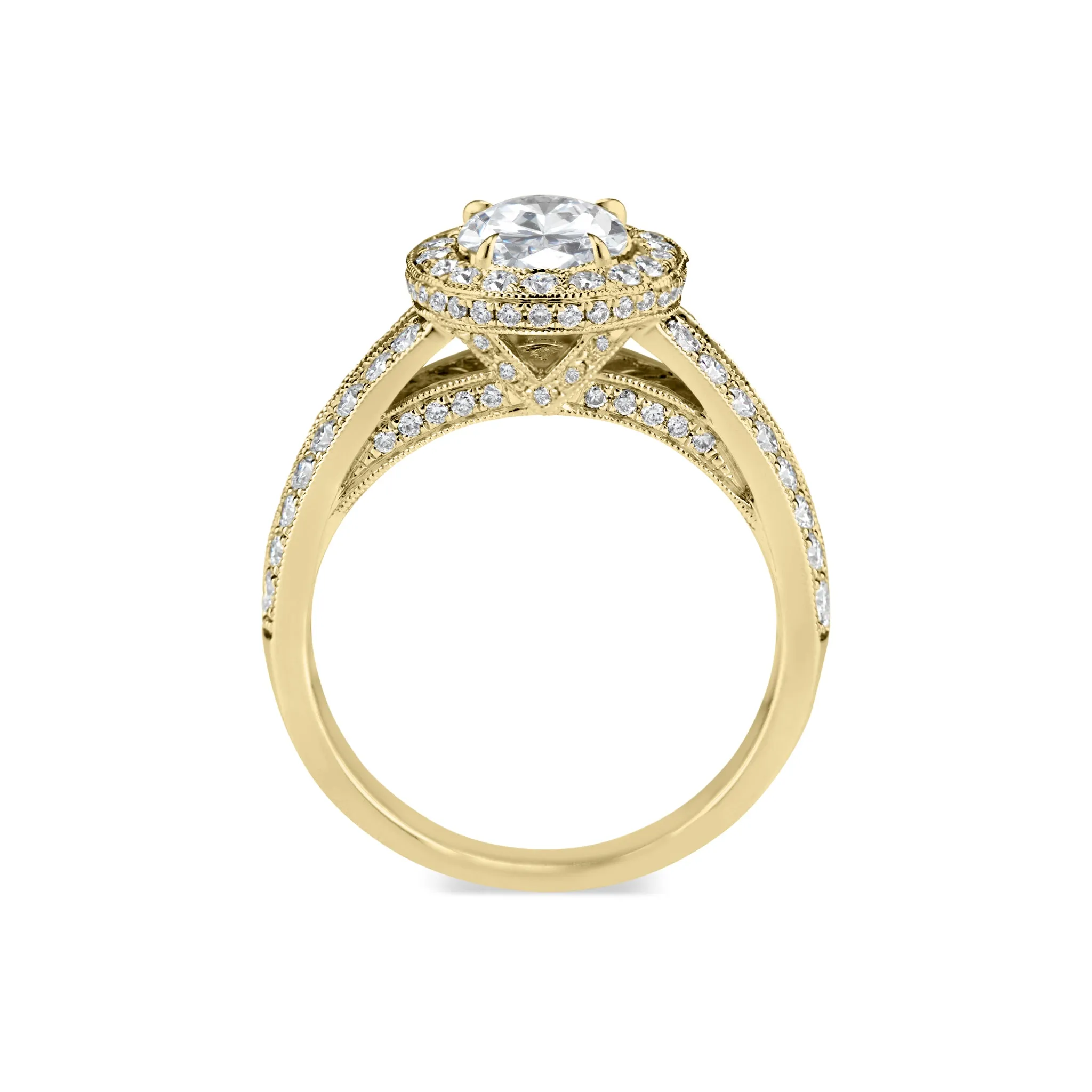 Oval Halo Diamond Engagement Ring with Split Shank and Milgrain Detail