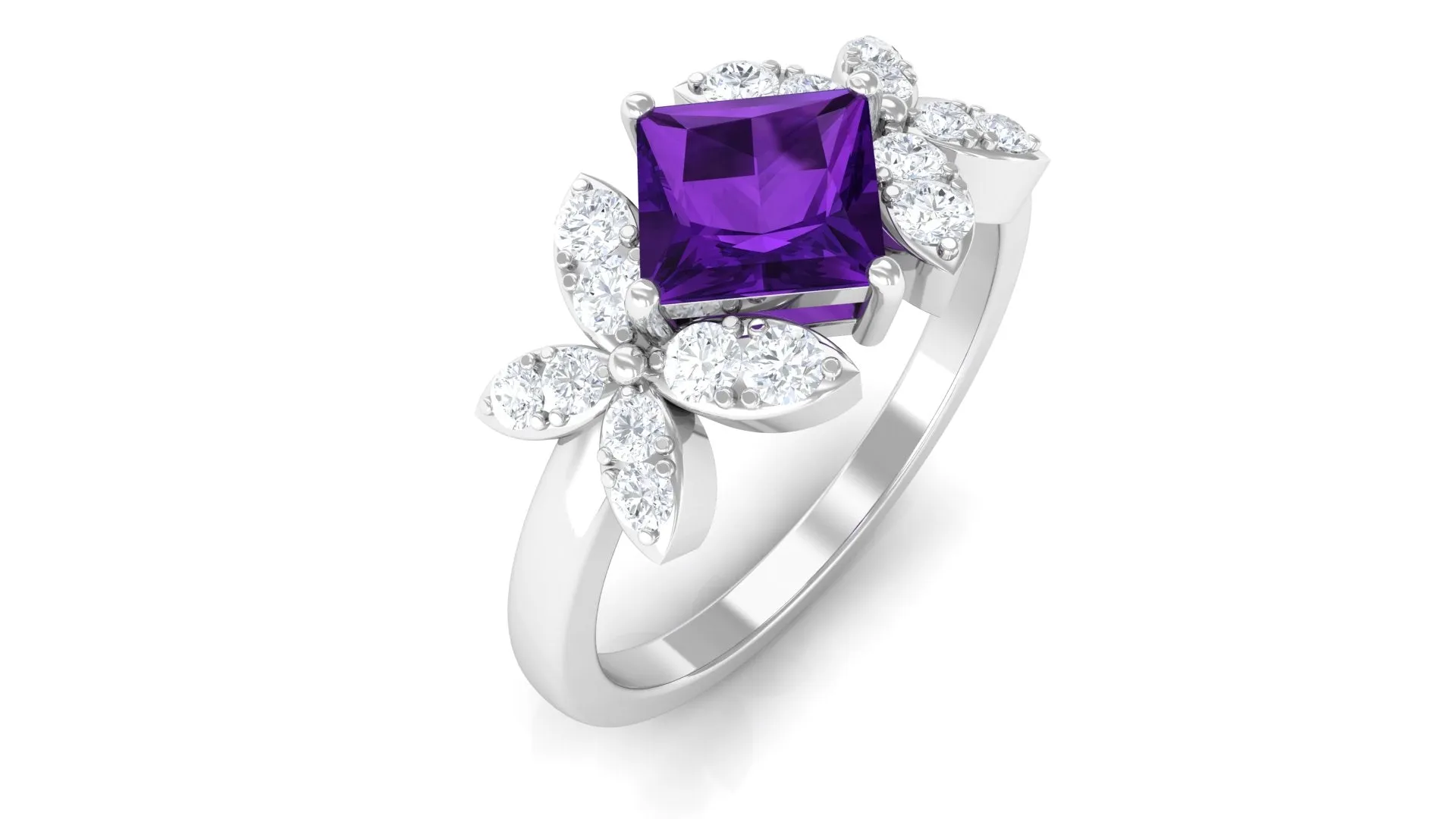 Princess Cut Amethyst Floral Engagement Ring with Diamond