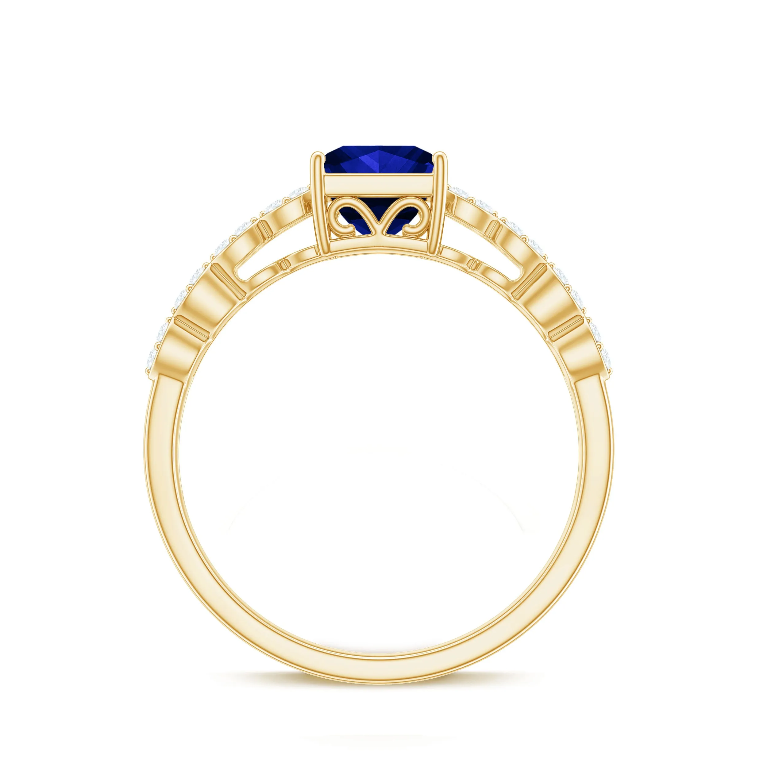 Princess Cut Created Blue Sapphire Double Band Engagement Ring with Diamond
