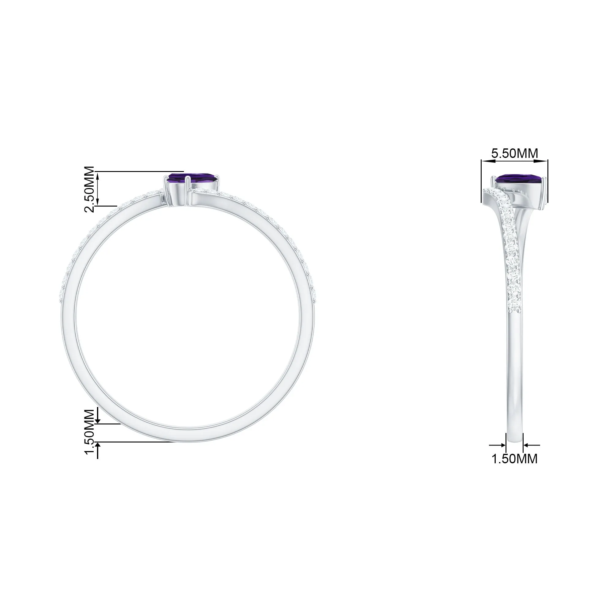 Tilted Pear Shape Solitaire Amethyst Bypass Promise Ring with Diamond