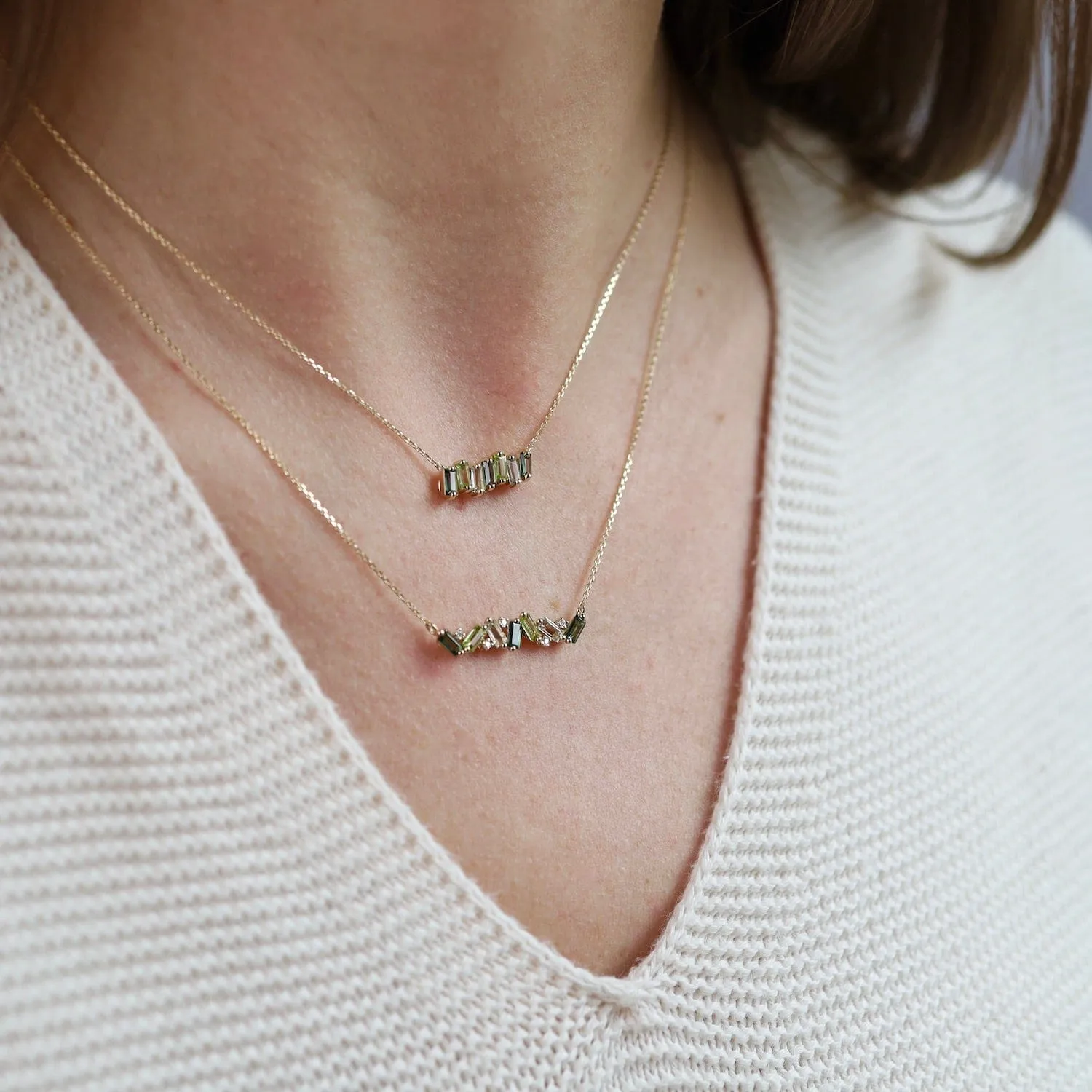 Yellow Gold Frenesia Mixed Green Topaz Bar Necklace
