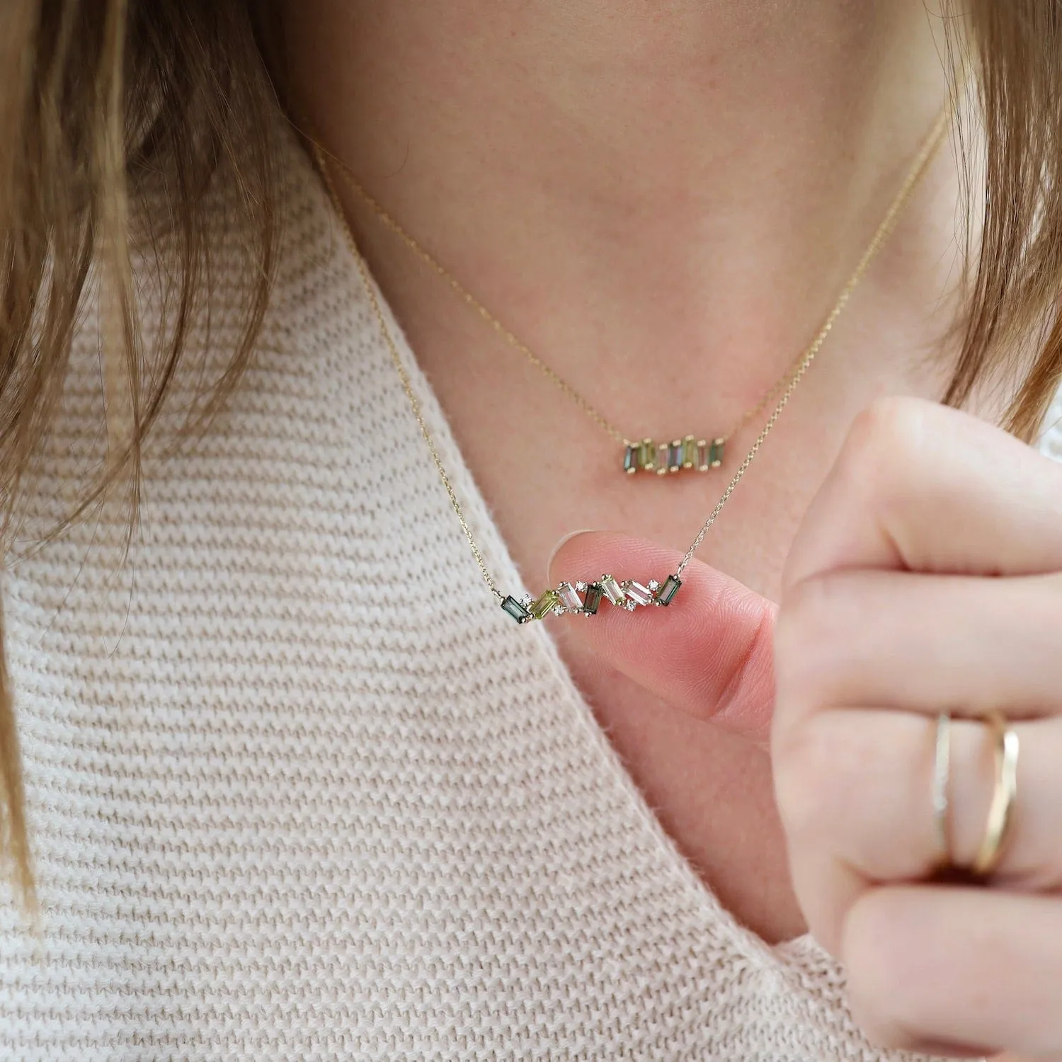 Yellow Gold Frenesia Mixed Green Topaz Bar Necklace