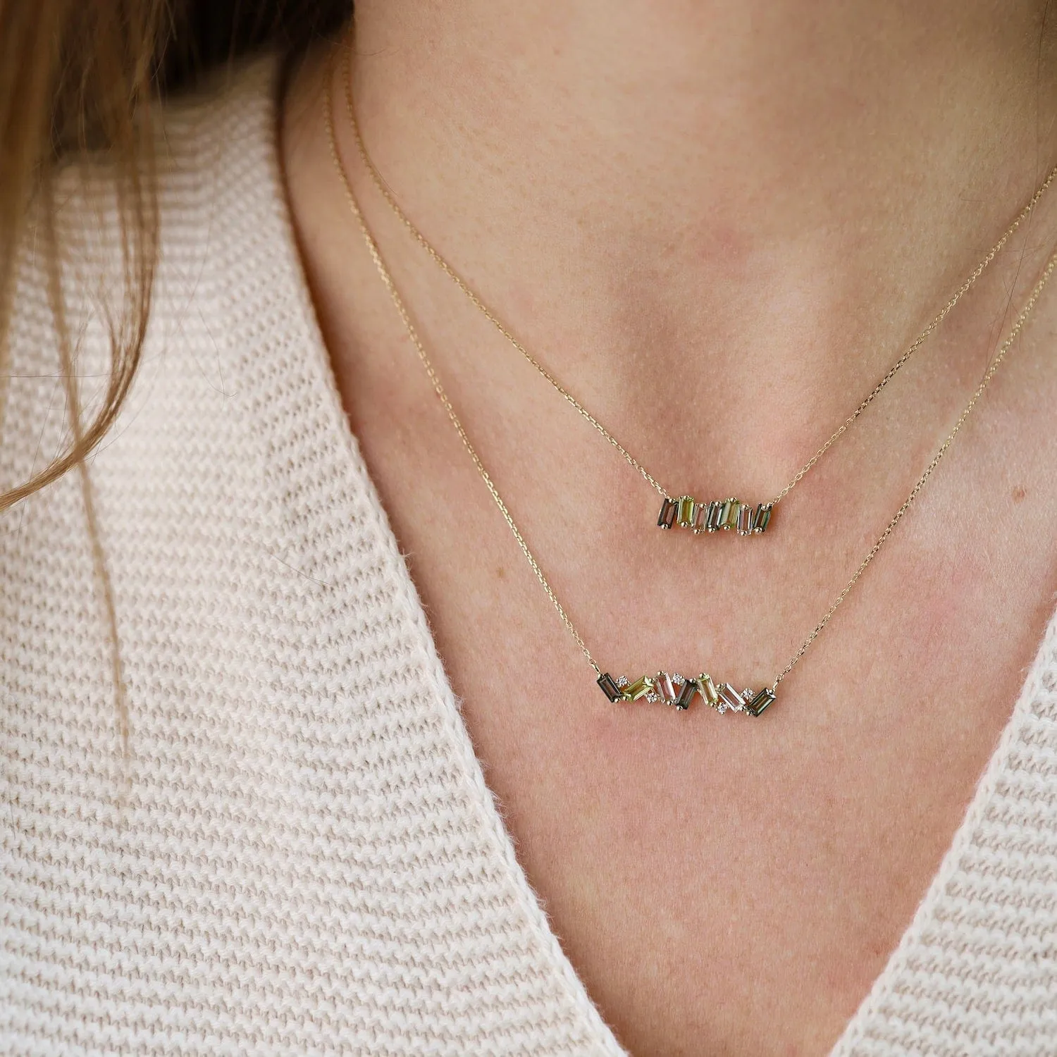 Yellow Gold Frenesia Mixed Green Topaz Bar Necklace